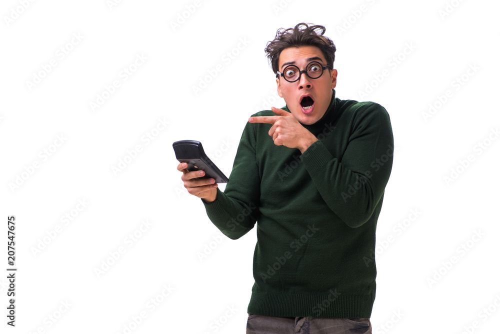Fototapeta premium Nerd young man with calculator isolated on white