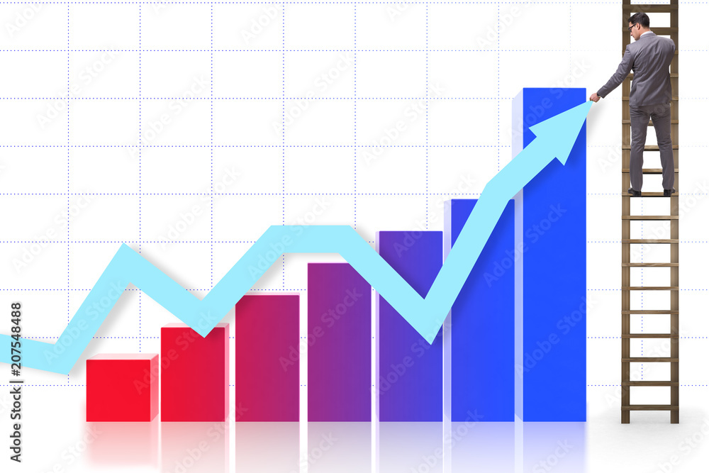 Businessman climbing towards growth in statistics Businessman climbing towards growth in statistics