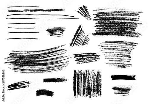 Collection of different charcoal hatches. Vector isolated scetches. Pencil scribble texture. Rough edges background.