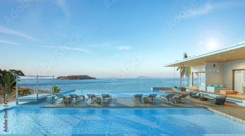 Sea view swimming pool in modern loft design Luxury ocean Beach house  3d rendering
