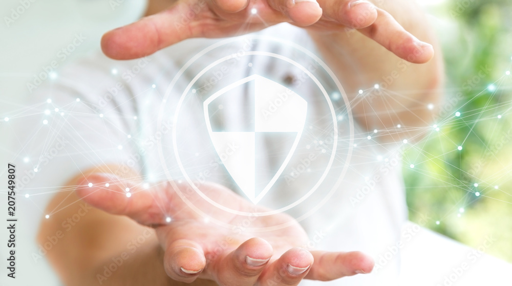 Businessman using shield safe protection with connections 3D rendering Businessman using shield safe protection with connections 3D rendering