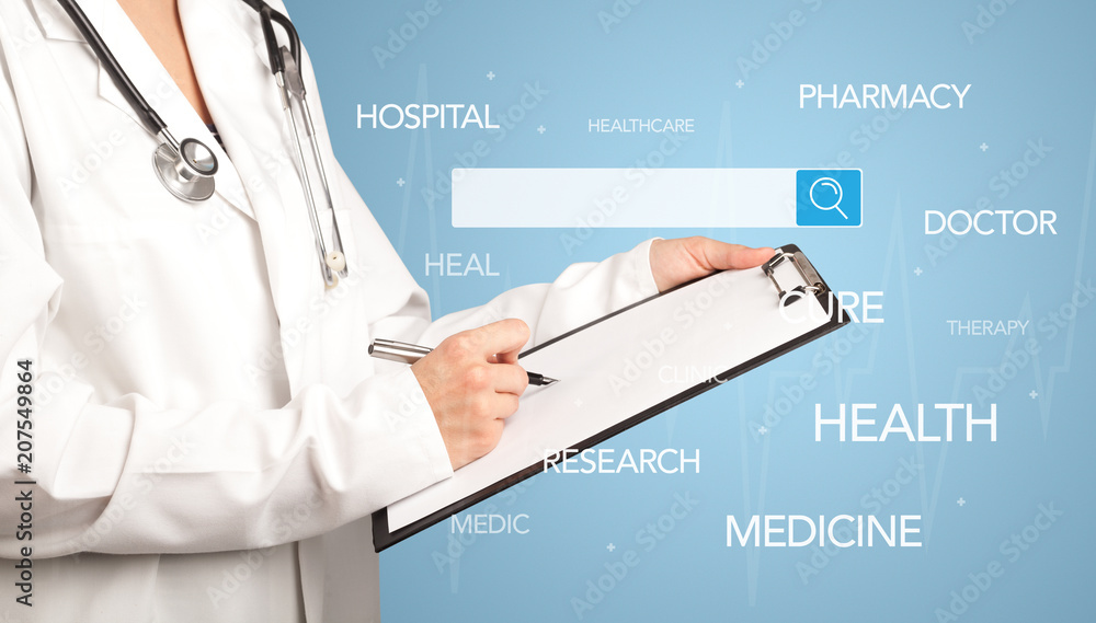 Female doctor holding notepad with blue background and search bar with hovering medical words Female doctor holding notepad with blue background and search bar with hovering medical words