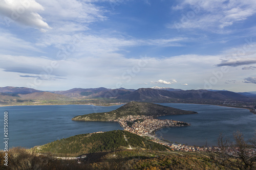 Aerial view of Kastoria city and Orestiada lake