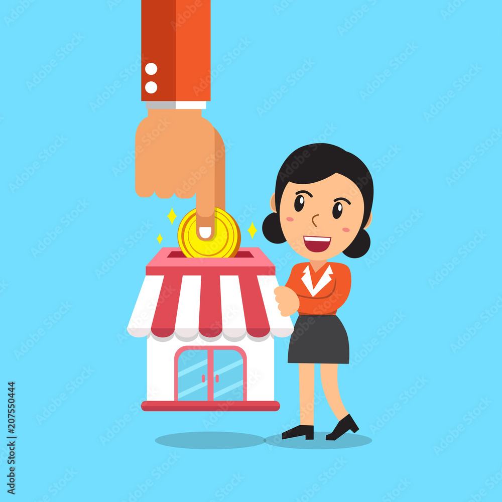 Franchise business concept hand putting coin in store with businesswoman for design. Franchise business concept hand putting coin in store with businesswoman for design.