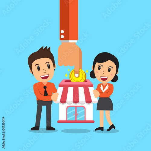Franchise business concept hand putting coin in store with businessman and businesswoman for design.