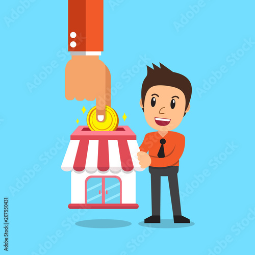 Franchise business concept hand putting coin in store with businessman for design.