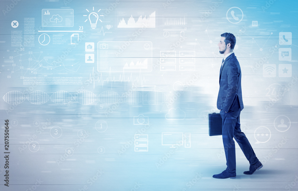 Handsome businessman walking in suit with briefcase on his hand and database concept around
Handsome businessman walking in suit with briefcase on his hand and database concept around