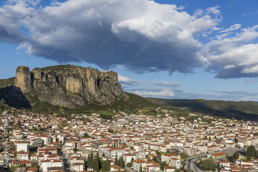 View of Meteora rock formation and city of Kalabaka