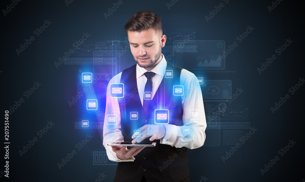 Mailing concept on a tablet with spectacled businessman on the background
Mailing concept on a tablet with spectacled businessman on the background