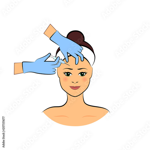 Cosmetology and beauty concept. Beautiful woman having  injection against the wrinkles. Vector illustration.