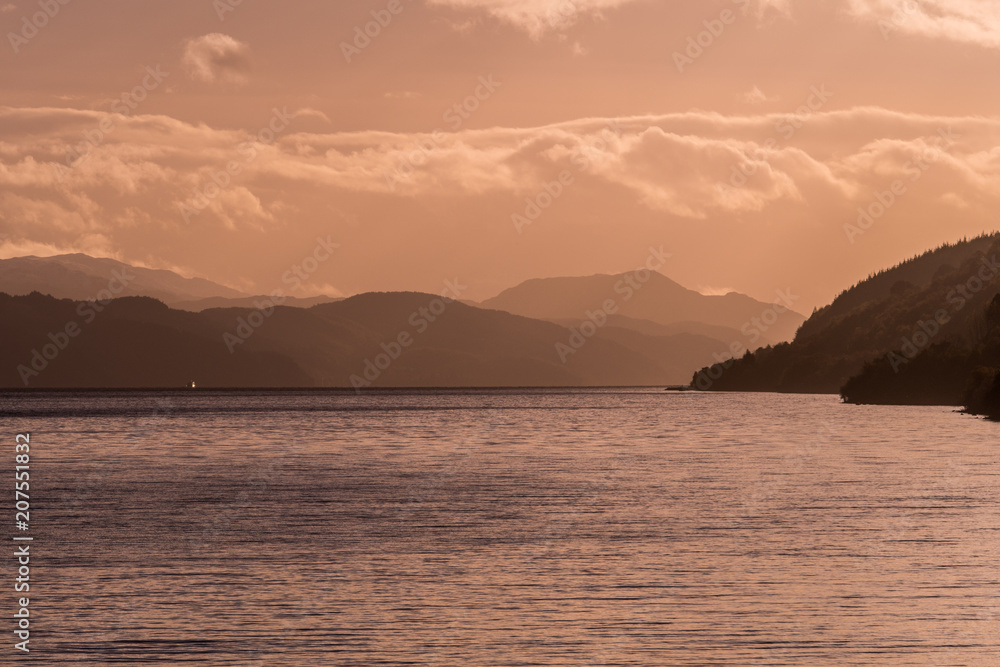 The sun sets in the skies above Loch Ness, Scotland, November 2017