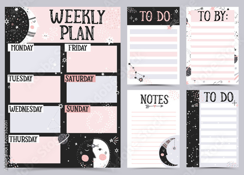 Weekly and Daily Planner Template. Organizer and Schedule with Notes and To Do List. Vector illustration.