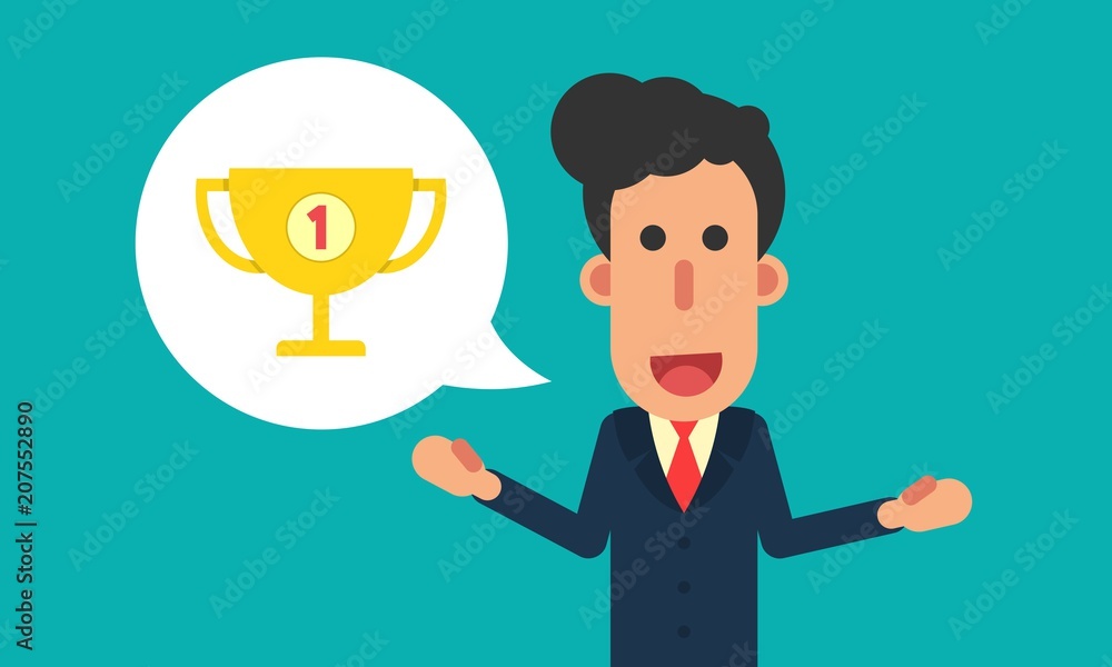 Businessman talk about trophy winner in speech bubble Businessman talk about trophy winner in speech bubble