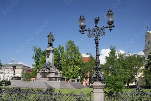 Monument of polish poet Adam Mickiewicz at Krakowskie Przedmiescie street in Warsaw, Poland.