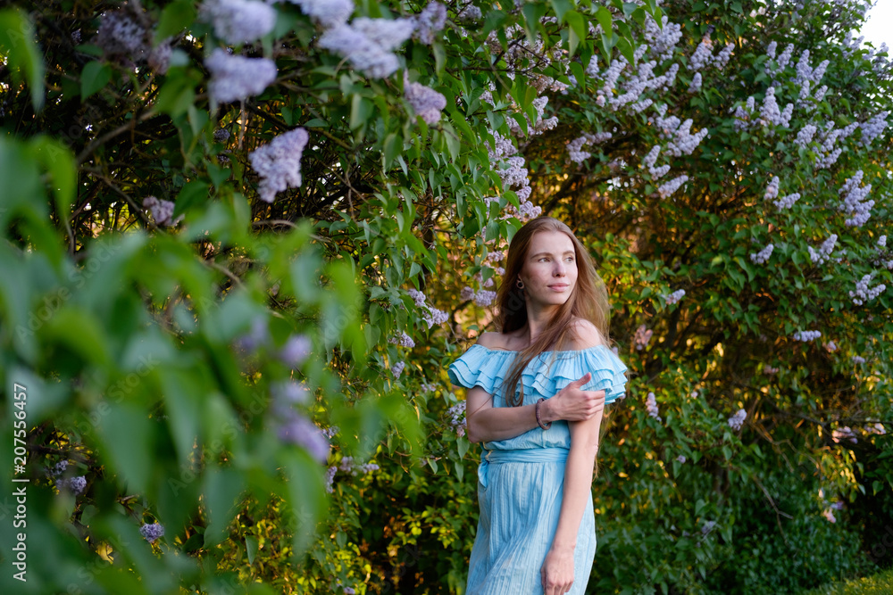 redhead girl in blue light cocktail dress in lilac bushes redhead girl in blue light cocktail dress in lilac bushes