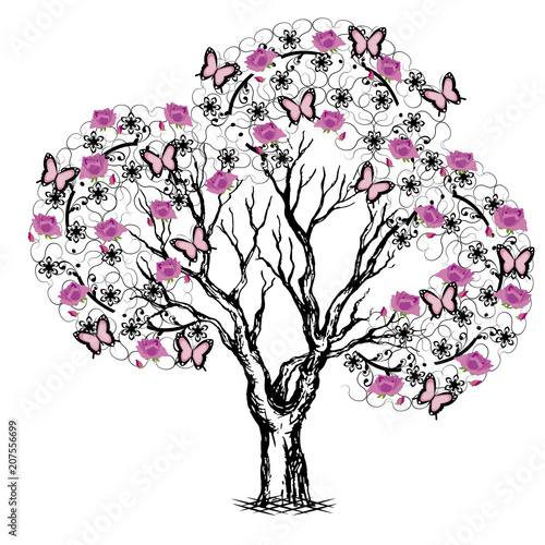 tree with butterflies and flowers black and pink photo