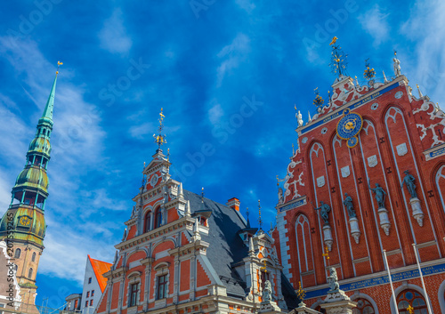 View on The Blackheads House and tower of Riga St. Peter’s Church that are located in the city center of Riga. Latvia.