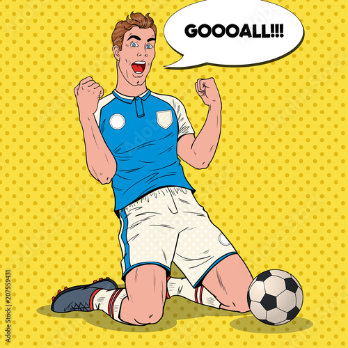 Pop Art Soccer Player Celebrating Goal. Happy Footballer, Sport Concept, World Cup. Vector illustration