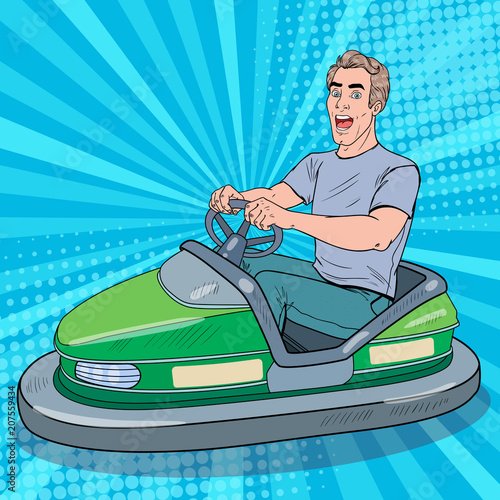 Pop Art Excited Man Riding Bumber Car at Fun Fair. Guy in Electric Car at Amusement Park. Vector illustration