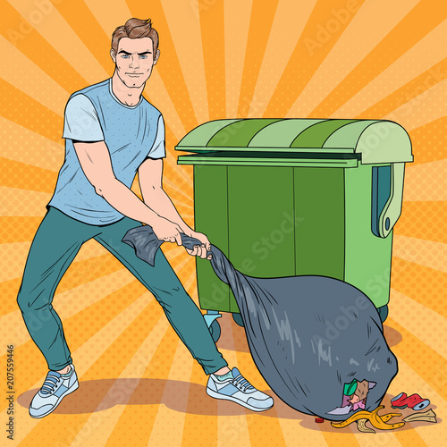 Pop Art Young Man Holding Trash Bag. Guy with Stinky Garbage Bag. Vector illustration