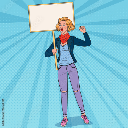 Pop Art Young Woman Protesting on the Picket with Blank Banner. Strike and Protest Concept. Girl Shouting on Demonstration. Vector illustration