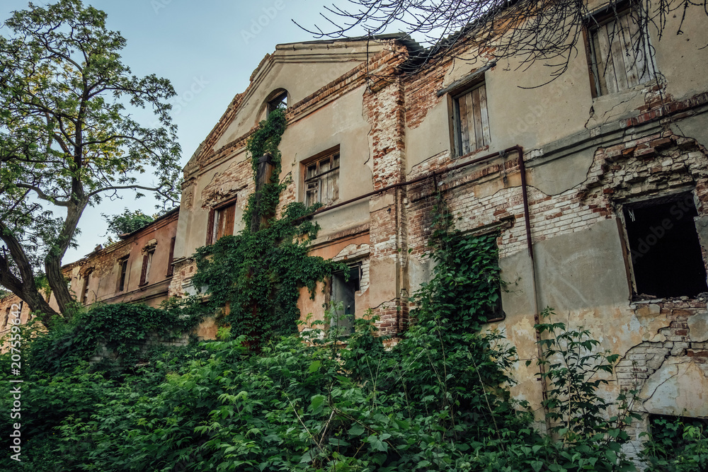 Old ruined abandoned overgrown mansion.