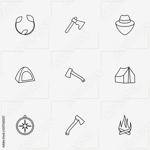 Forest line icon set with camping tent , farmer hat and leaf