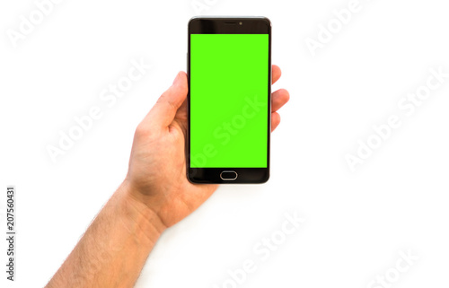 Εκτύπωση καμβά Online payments plastic card A man holding a smartphone with green screen for ch