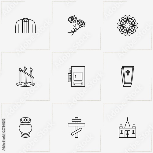 Funeral line icon set with church candles, urn for ashes and priest dress
