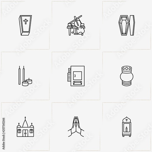 Funeral line icon set with urn for ashes, crematory  and church