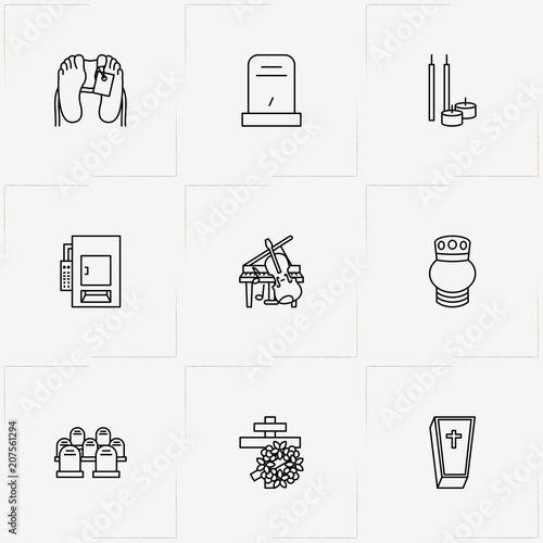 Funeral line icon set with morgue , music instruments and crematory