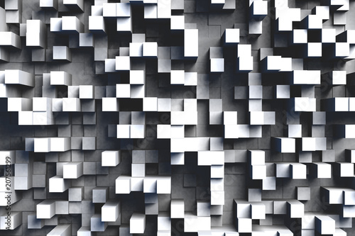 Abstract gray or black and white 3d geometric cube or box shape tiles background or pattern design in bright light.