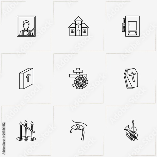 Funeral line icon set with tears, church  and funeral portrait