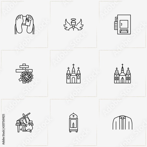 Funeral line icon set with priest dress, music instruments and cross