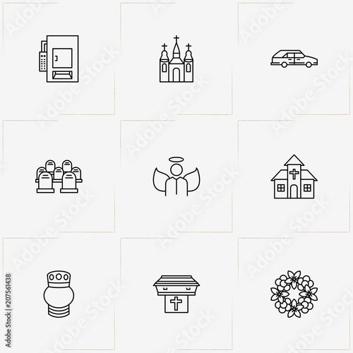Funeral line icon set with angel , cemetery  and funeral car
