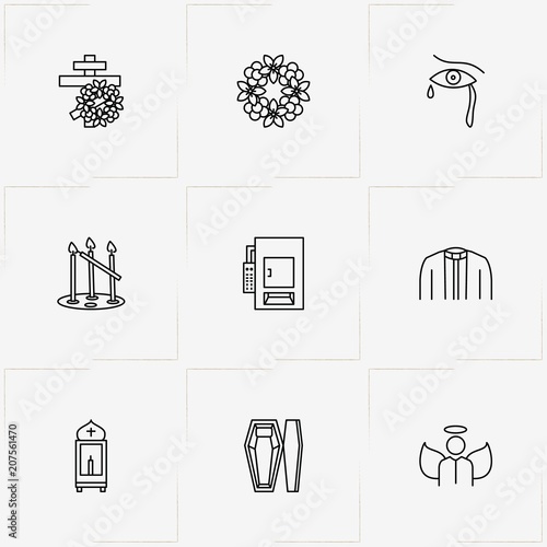 Funeral line icon set with angel , coffin and priest dress
