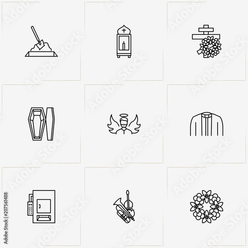 Funeral line icon set with music instruments, coffin and interment