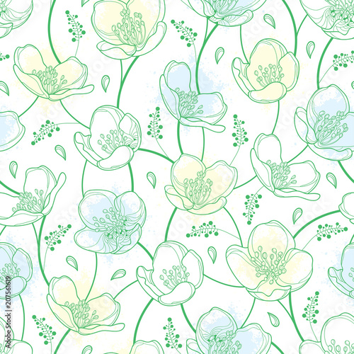 Vector seamless pattern with outline Jasmine flowers in pastel white and green on the white background. Elegance floral background with jasmin in contour style for summer design.