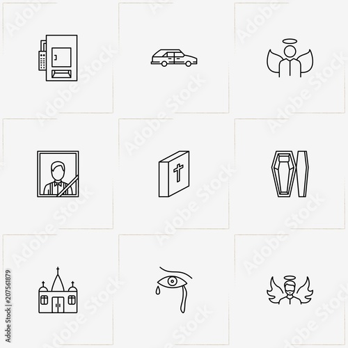 Funeral line icon set with crematory , tears and funeral portrait