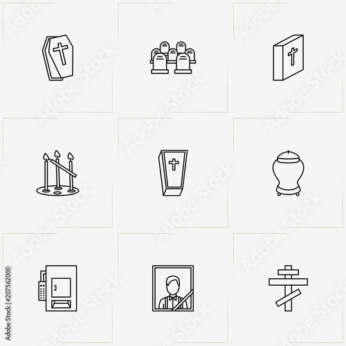 Funeral line icon set with urn for ashes, funeral portrait  and tombstone