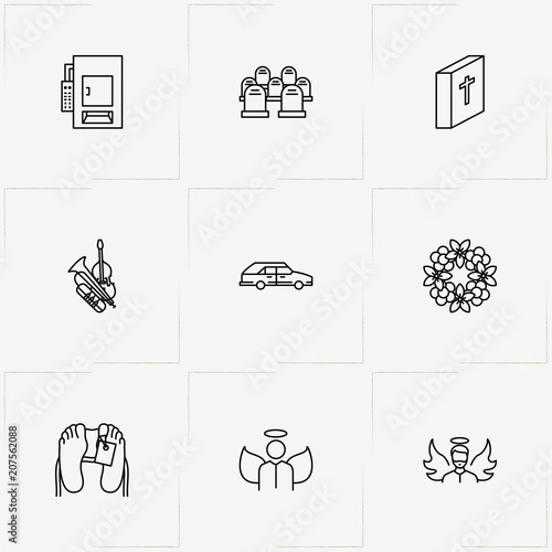 Funeral line icon set with morgue , crematory  and funeral car
