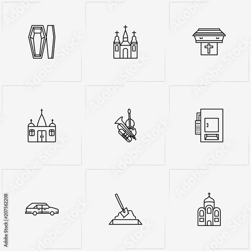 Funeral line icon set with funeral car , crematory  and interment