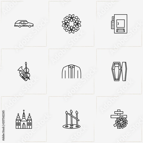 Funeral line icon set with church , music instruments and cross