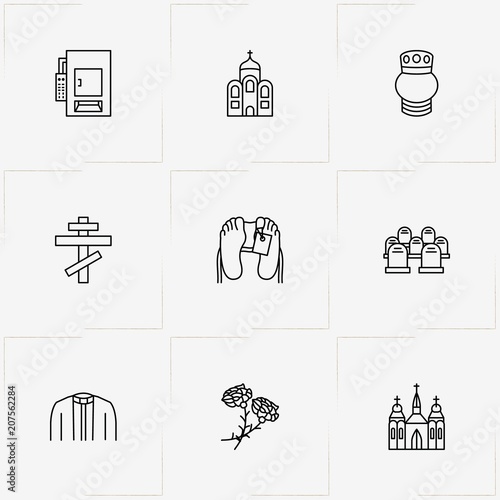 Funeral line icon set with priest dress, crematory  and cross