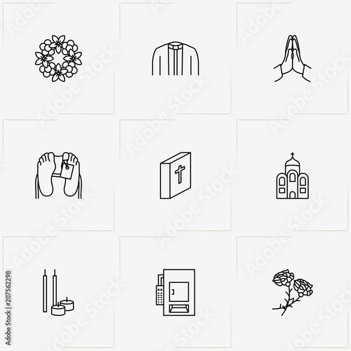Funeral line icon set with morgue , church candles and funeral flowers