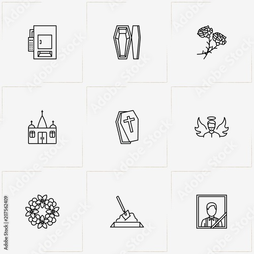 Funeral line icon set with coffin, wreath and funeral portrait