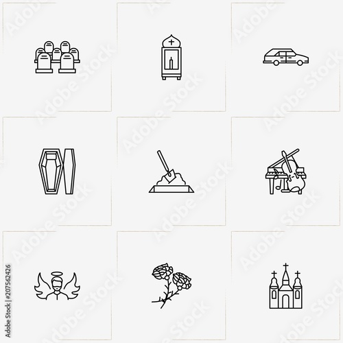 Funeral line icon set with funeral car , interment and music instruments