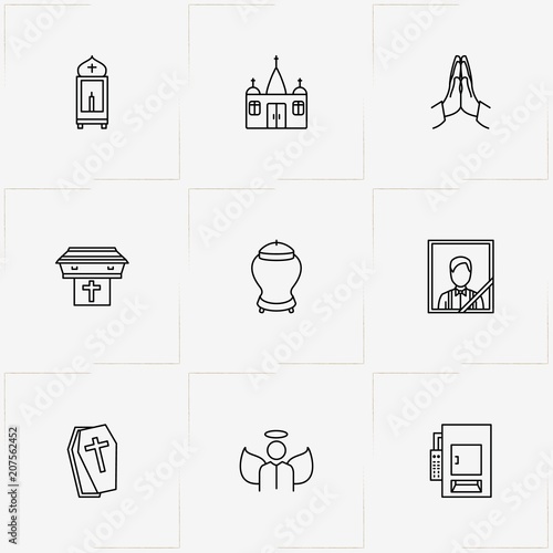 Funeral line icon set with coffin, church  and pray