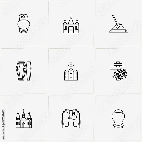 Funeral line icon set with church , interment and coffin