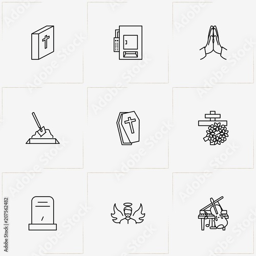 Funeral line icon set with music instruments, angel  and coffin